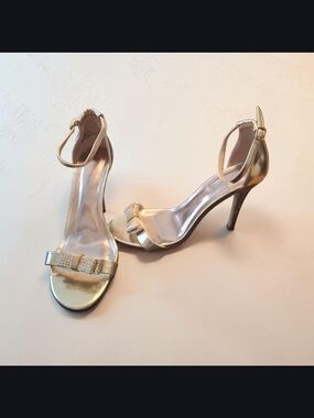 Steve Madden Metallic Gold Ankle-Strap Stiletto Sandals with Bow Accent Simple
